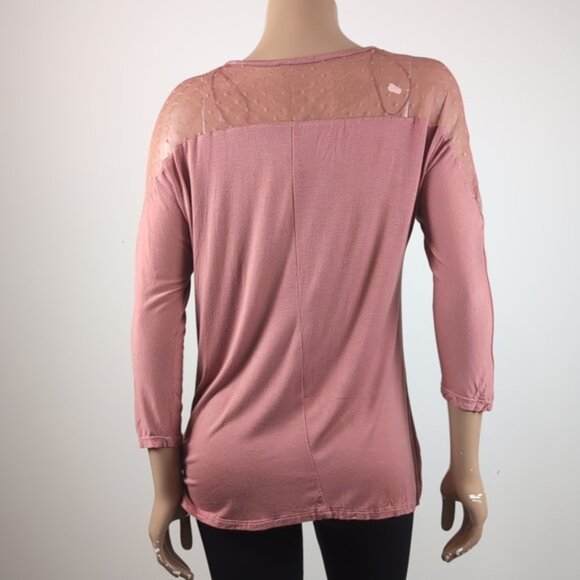 Suzy Shier Tunic Top Sheer Shoulder Cropped Sleeve Stretchy Rayon Blouse Salmon - Picture 5 of 11